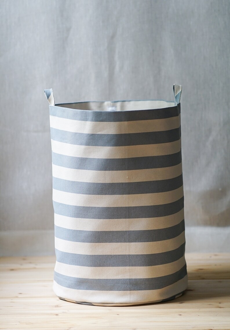 Gray stripe storage bins, cotton canvas bin storage, baskets, cottagecore decor, declutter, hamper, natural storage, storage drum, home bins image 10