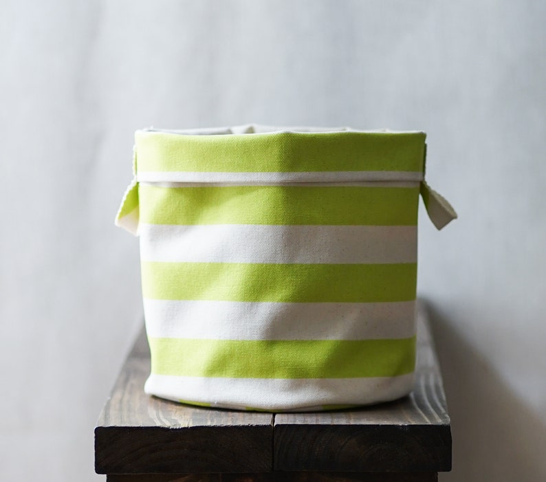 Lime green stripe storage bins, cotton canvas bin storage, hampers and bins, natural storage, storage baskets, cottage core decor, decor image 7