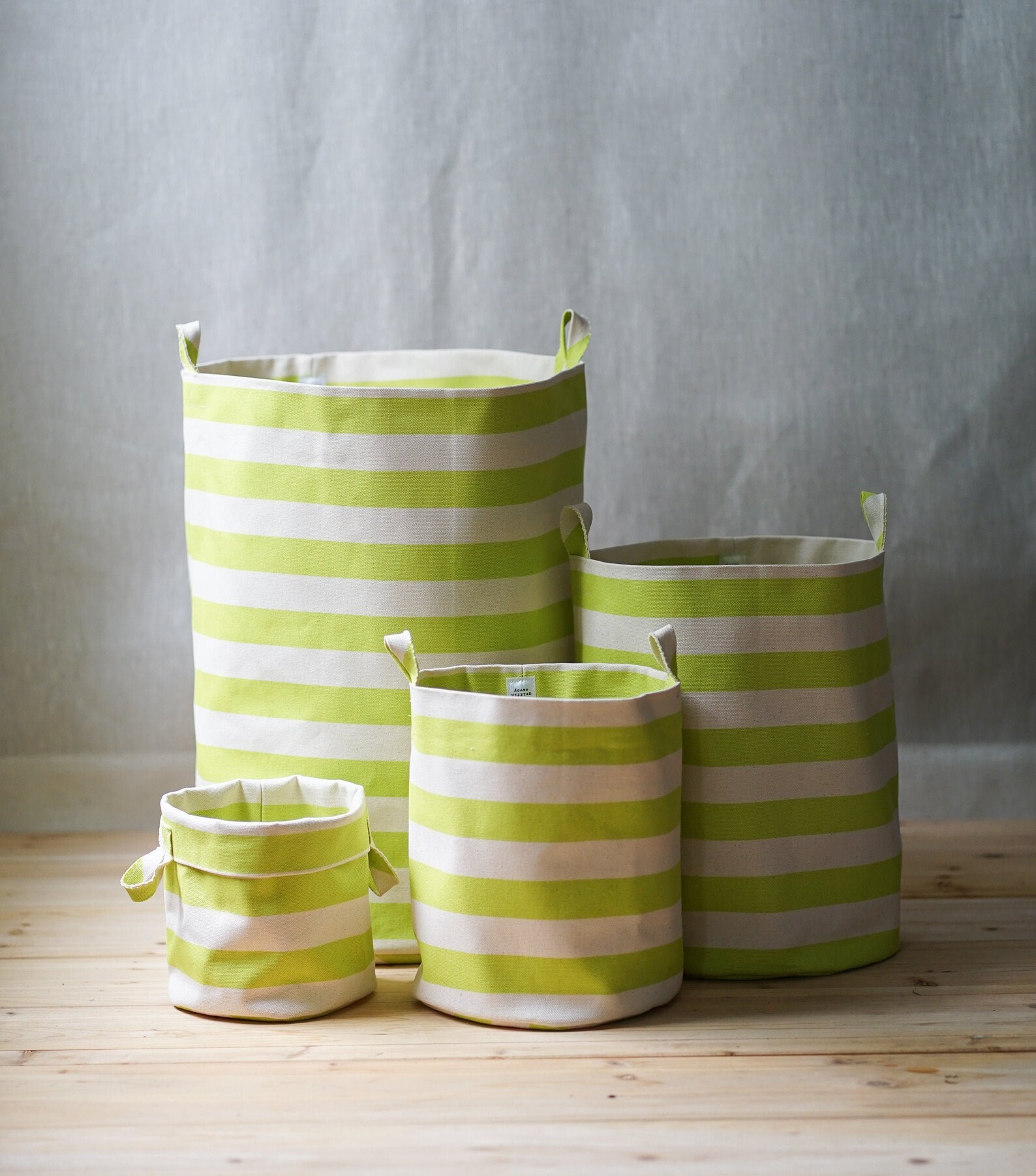 Lime Green Stripe Storage Bins, Cotton Canvas Bin Storage, Hampers and