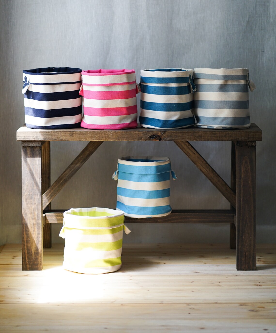 Lime Green Stripe Storage Bins, Cotton Canvas Bin Storage, Hampers and