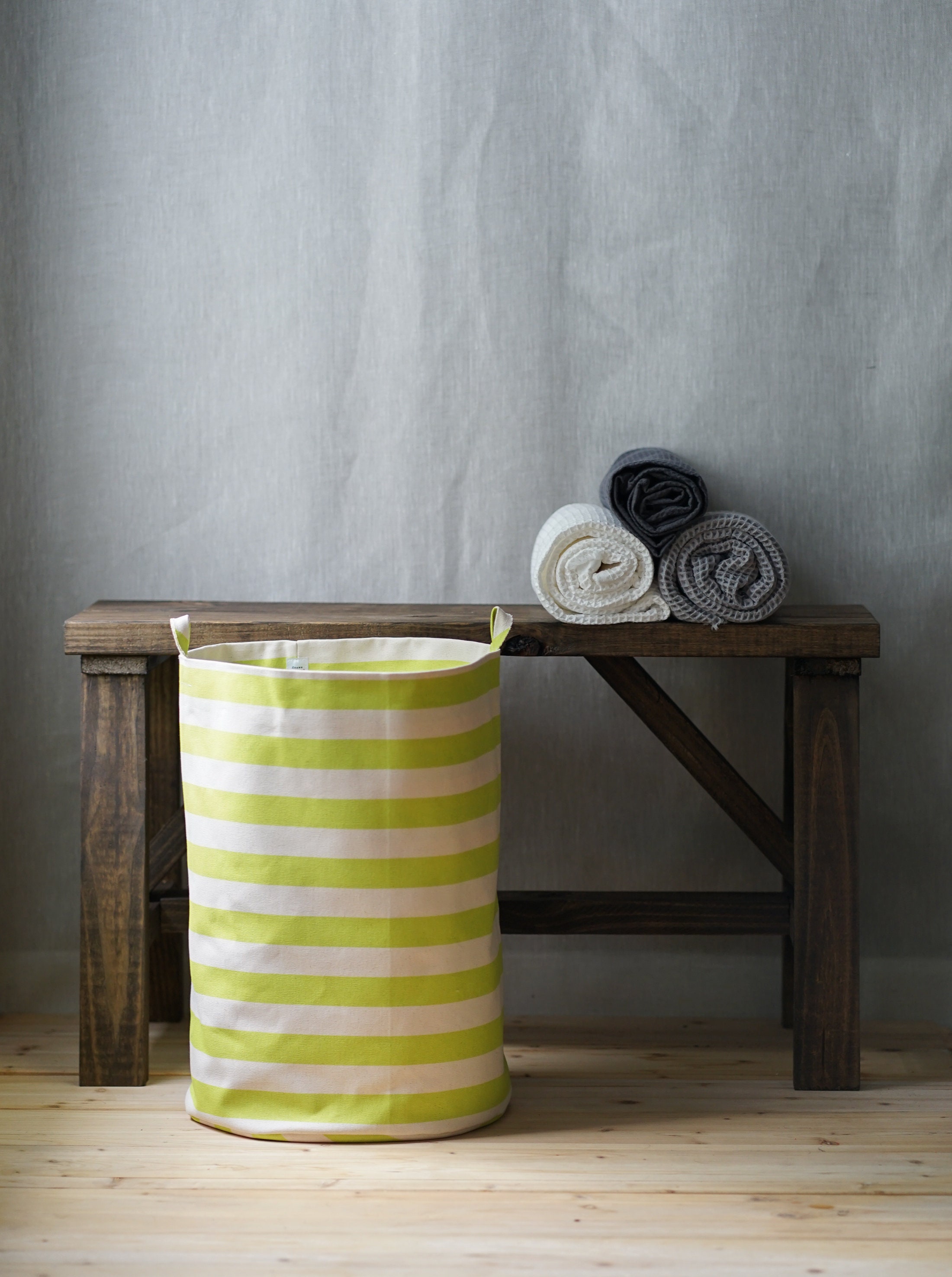 Lime Green Stripe Storage Bins, Cotton Canvas Bin Storage, Hampers and