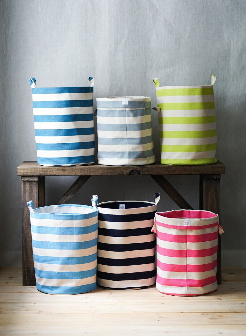 Gray Stripe Storage Bins Cotton Canvas Bin Storage Baskets Etsy