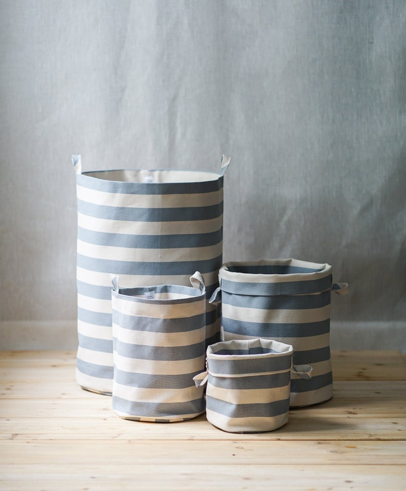 Gray stripe storage bins, cotton canvas bin storage, baskets, cottagecore decor, declutter, hamper, natural storage, storage drum, home bins image 1