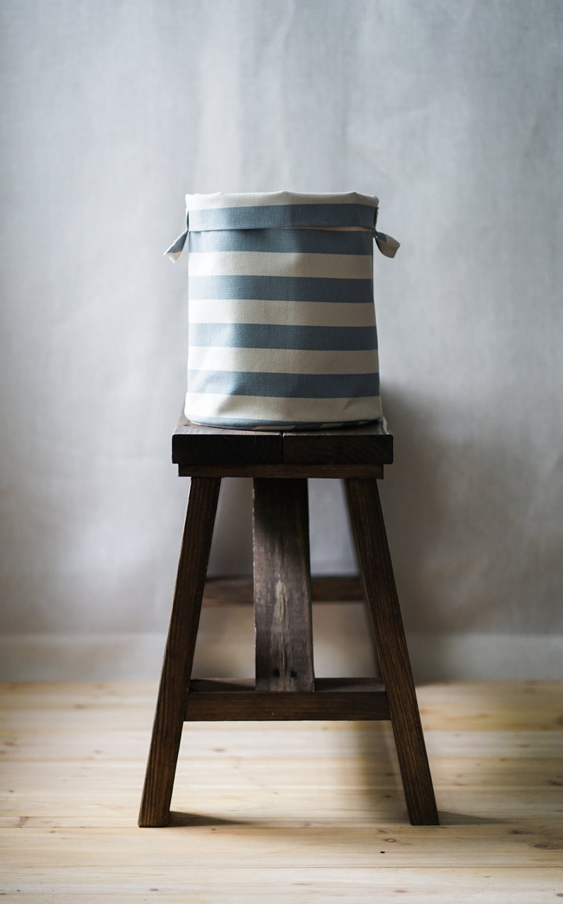 Gray stripe storage bins, cotton canvas bin storage, baskets, cottagecore decor, declutter, hamper, natural storage, storage drum, home bins image 9