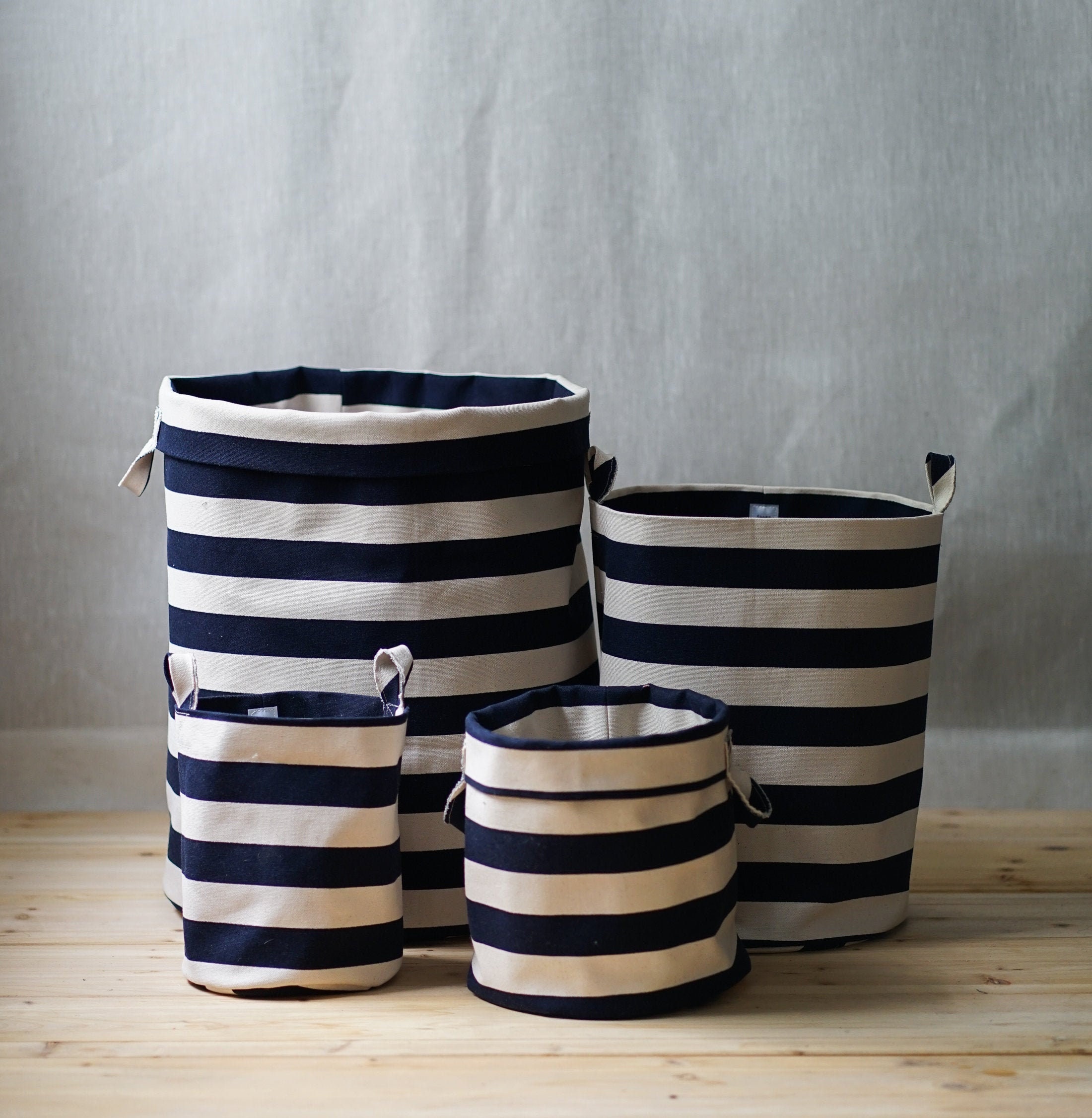 multi functional storage 12oz double sided cotton canvas bin storage fabric bins for home office home spa Navy bold stripe storage bins