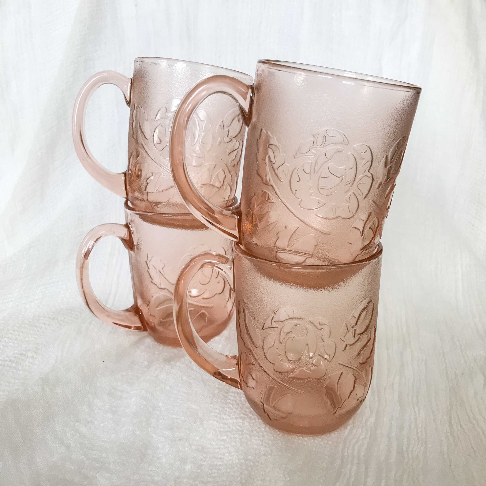 Vintage Pink Glass Cups With Rose Design Rose Flower Arcoroc Etsy
