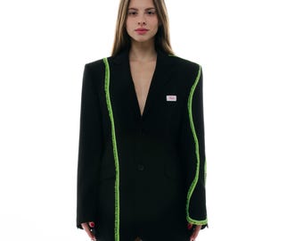 Upcycled ruffle blazer handmade & unique oversized women’s black jacket made to order
