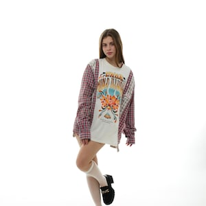 Upcycled Patchwork Flannel Shirt with T-Shirt | Handmade Vintage Clothing | Grunge Streetwear Fashion