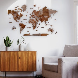 Walnut Wood Map  3D Wooden Wall Map Frame ,3 D Wood wall Map, Wall Art Decor ,Weltkarte aus Holz, Weihnachtsgeschenk, Carte du Monde