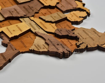 3D Wood Map of USA, Handmade Wall Decor, Travel Gift