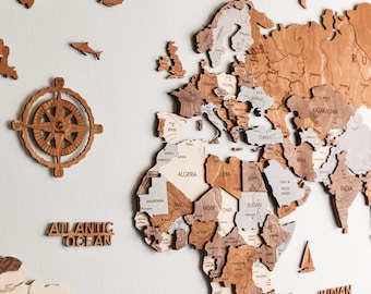 Mapa del mundo de madera para pared: arte de viajes en 3D, decoración para oficina y sala de estar