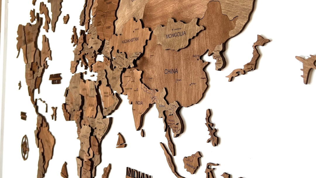 Walnut Wood Map Wooden Wall Map 3 D Wood Wall Map Travel World Map ...