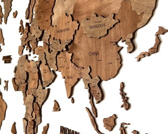 Walnut Wood Map Wooden Wall Map 3 D Wood wall Map Travel World Map Anniversary Gift, Birthday Gift Wall Art Wood Art Wall Map Christmas Gift