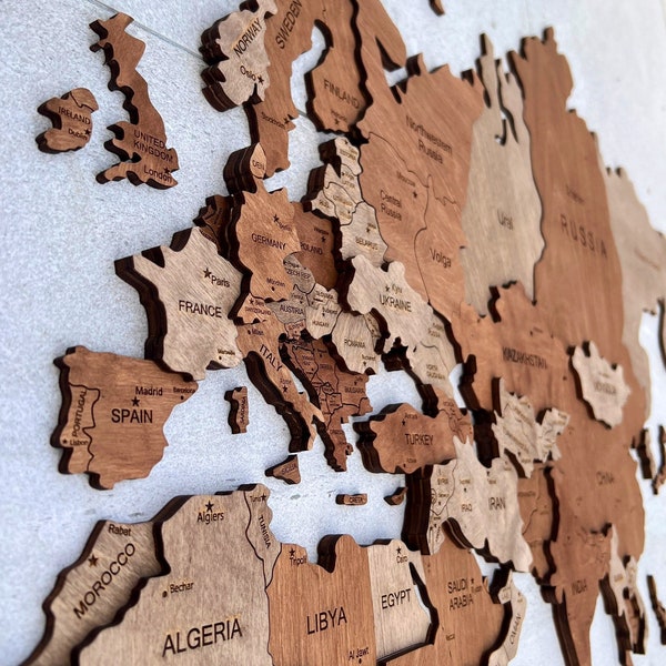 Walnut Wood Map ,Wooden Wall Map ,3 D Wood wall Map, Wall Art Decor ,Weltkarte aus Holz, Weihnachtsgeschenk, Carte du Monde ,Cadeau de Noël