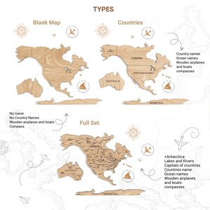 Pode incluir: Conjuntos de mapas-m&uacute;ndi de madeira em v&aacute;rios estilos. A imagem mostra um mapa em branco, um mapa com contornos de pa&iacute;ses e um conjunto completo com nomes de pa&iacute;ses, nomes de oceanos e avi&otilde;es e barcos de madeira. Os mapas s&atilde;o de madeira clara.