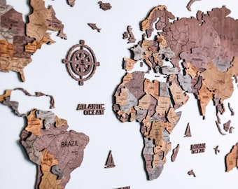 Mapa-múndi de madeira, arte de parede 3D, presente de viagem para ele, decoração de parede para escritório