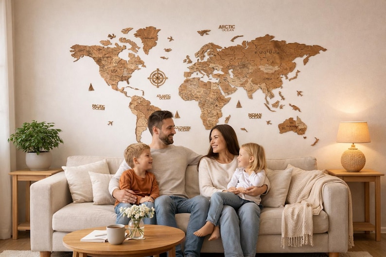Pode incluir: Um mapa-m&uacute;ndi de madeira em tons de castanho est&aacute; montado numa parede branca. Uma fam&iacute;lia de quatro pessoas est&aacute; sentada num sof&aacute; bege em frente ao mapa. O mapa inclui os nomes dos oceanos e continentes.