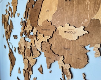3D Weltkarte Wanddeko aus Holz - Handgemachte Landkarte, Wandbild aus Holz