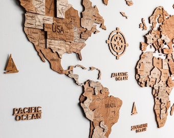 Wooden World Map Wall Decor, 3D Travel Map for Home, Gift for Travelers, Anniversary Gift for Couples, Office Wall Art