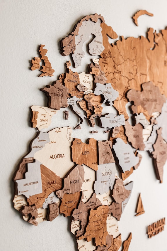 3D Wood World Map Wall Art, Modern Home Decor, World Map Wall Decor, Gift for Boyfriend, Office Decor