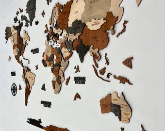 Carte murale 3D en bois, voyage, carte du monde, cadeau d'anniversaire, art mural, art du bois, carte murale, cadeau de Noël, carte du monde en bois