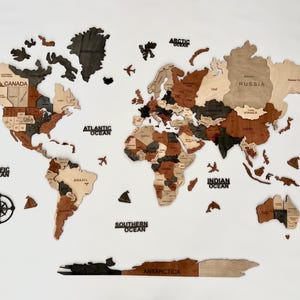 Carte murale en bois 3D multicolore, carte du monde de voyage, cadeau d'anniversaire, cadeau d'anniversaire, art mural, art du bois, carte murale, cadeau de la Saint-Valentin