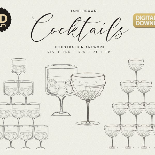 Hand Drawn Drink Glass Illustrations | Champagne Tower svg | Glasses Illustrations | Cocktail Glass | wine Glass tower SVG |DIGITAL DOWNLOAD