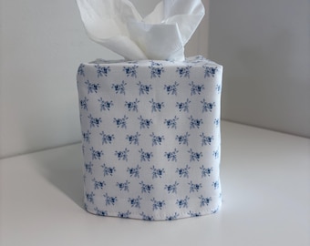 Blank Tissue Cover, Small Blue Roses on White, Duck Cloth Canvas Fabric, Grandmillenial decor