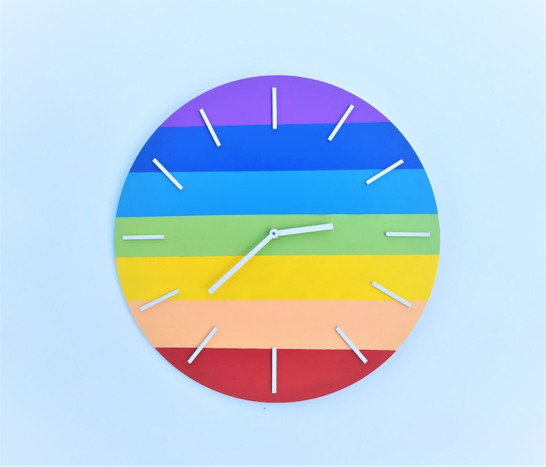 Cool and Colourful Wall Clock Rainbow, Wall Clocks, Wooden Wall Clocks, Home Decor, Wood Decor