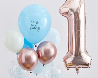 10 ballons anniversaire 1an bleu, rose gold, chiffre 1