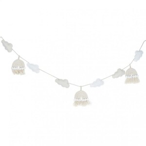 Rainbow and cloud baby shower garland in macrame, fabric and wood