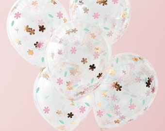 Ballons confettis fleurs pastel et or gold (par 5)