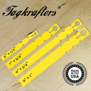 May include: Yellow plant tags in various sizes, including 5" x 1/2", 7" x 3/4", 9" x 3/4", and 9" x 1". Each tag has a hole for hanging. The image also features the "Tagkrafters" logo and a "Made in the USA" seal.