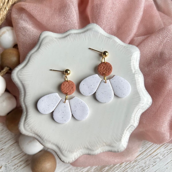 White Granite Floral w/ Terracotta Center Handmade & Hypoallergenic Clay Earrings - Gold