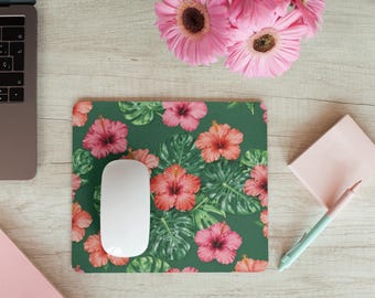Tropical Hibiscus Floral Mouse Pad | Green Leaf Pattern