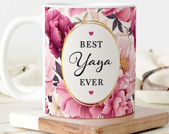 Yaya Grandma Mug, Pink Peony Floral Coffee Cup, Mother's Day, Greek Grandma