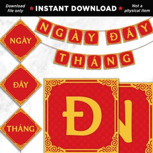 May include: A red and gold Vietnamese banner with the words "NGÀY ĐÂY THÁNG" in yellow. The banner is made up of individual square flags with gold trim. The words "INSTANT DOWNLOAD" are at the top.