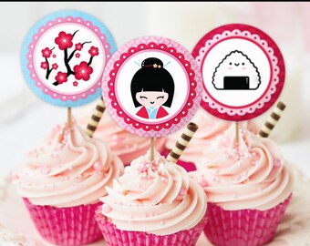 Kawaii Japanische Cupcake Toppers, Sushi, Kokeshi Party Dekor (SOFORT DOWNLOAD)