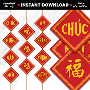 Vietnamese New Year Banner, Tết Sign, Lunar New Year Decorations, PRINTABLES, Chuc Mung Nam Moi, Asian Decoration, 福 Good Fortune, Tết Party