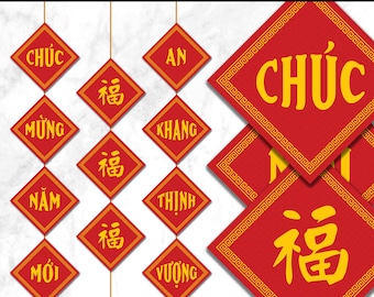 Vietnamese New Year Banner, Tết Sign, Lunar New Year Decorations, PRINTABLES, Chuc Mung Nam Moi, Asian Decoration, 福 Good Fortune, Tết Party