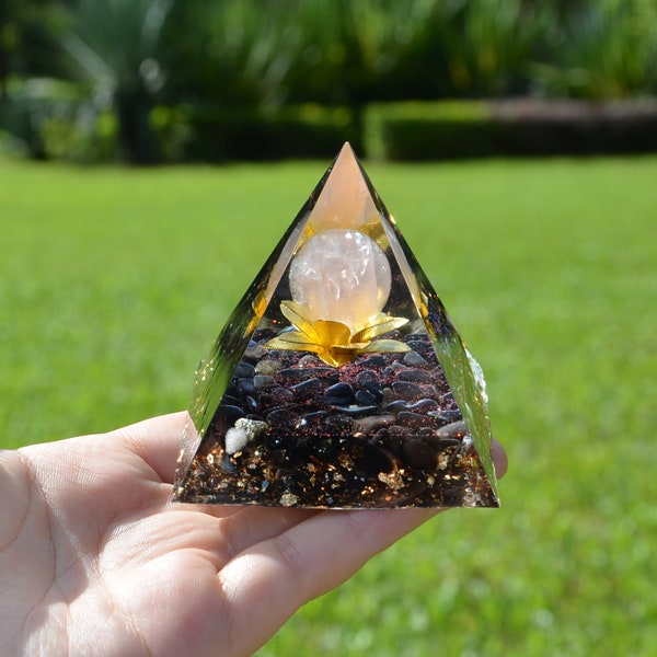 Rose Quartz Sphere Copper Flower Orgone Pyramid With Obsidian Crystal Reiki Healing Meditation Pyramids