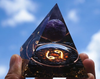 Magic Vision Cancer Amethyst Sphere With Obsidian Orgonite Pyramid, Reiki Healing Chakra Orgone Meditation Tool