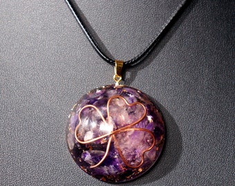 Personalized Clover Crystal Necklace, Orgone Shamrock Pendant, Orgone Healing Jewelry Necklace, Amethyst Pendant