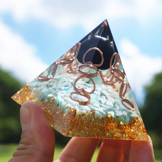 Obsidian Sphere Amazonite Orgone Pyramid, Reiki Healing Chakra Meditation Orgonite Meditation Tool