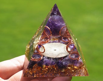 Amethyst Sphere Orgone Pyramid, Amethyst Crystal Yoga Reiki Orgonite Pyramid, Reiki Chakra EMF Protection Meditation Tool