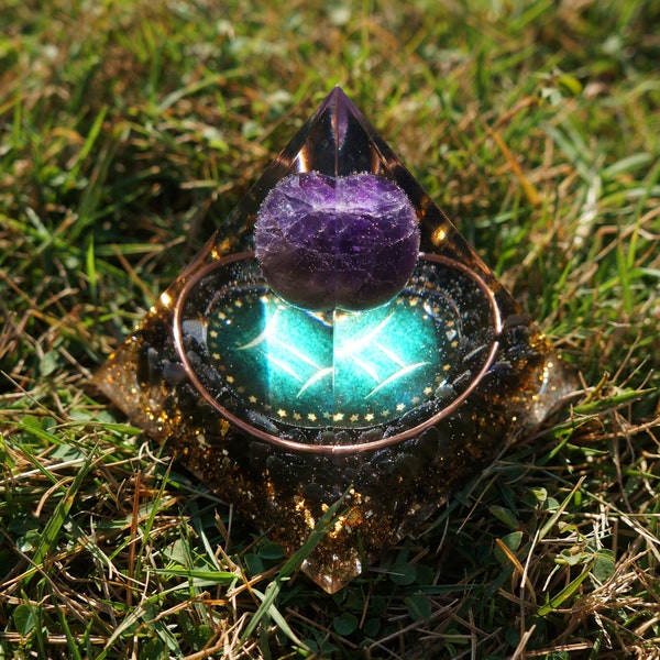 Magic Vision Gemini Amethyst Sphere With Obsidian Orgone Pyramid, Reiki Healing Chakra Orgonite Meditation Tool