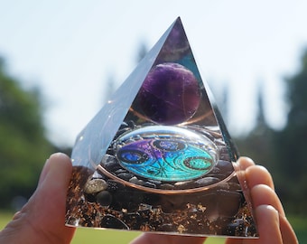 Magic Vision Amethyst Sphere With Obsidian Orgonite Pyramid, Reiki Healing Chakra Meditation Tool