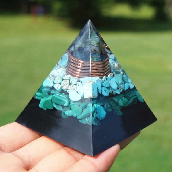 Selenite Pillar Energized By Turquoise Malachite Shungite Layers Orgone Pyramid Crystal Reiki Healing Orgonite Pyramid