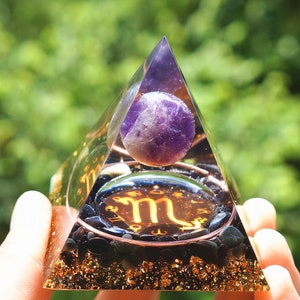 Olivenorma Amethyst Sphere With Obsidian Zodiac Scorpio Orgone Pyramid