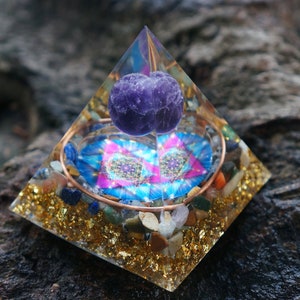 Amethyst Sphere Orgonite Pyramid: Copper & Gold Foil Resin